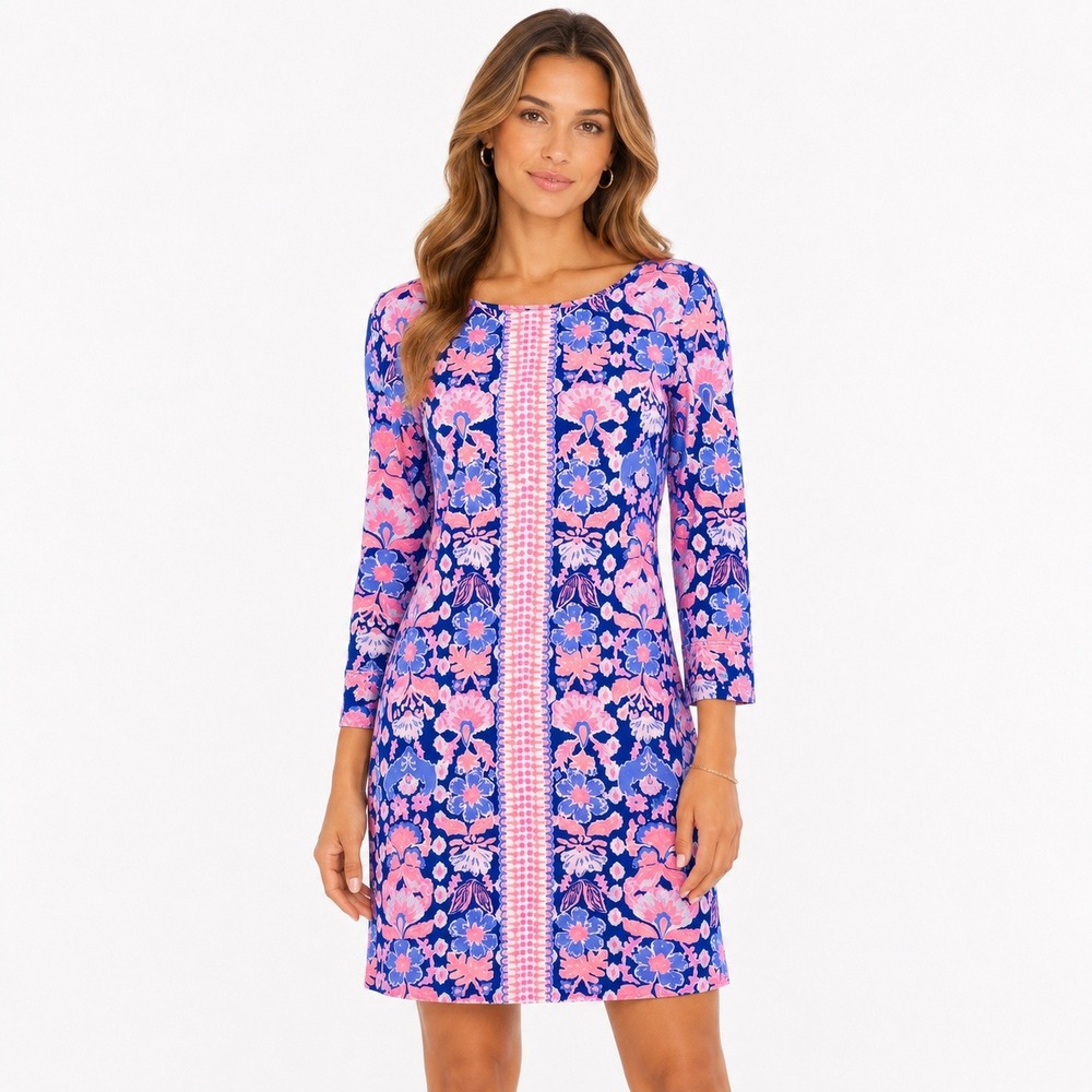 Lilly Pulitzer Marlowe Boatneck Shift Dress Women XS Blue Pink Floral Resort